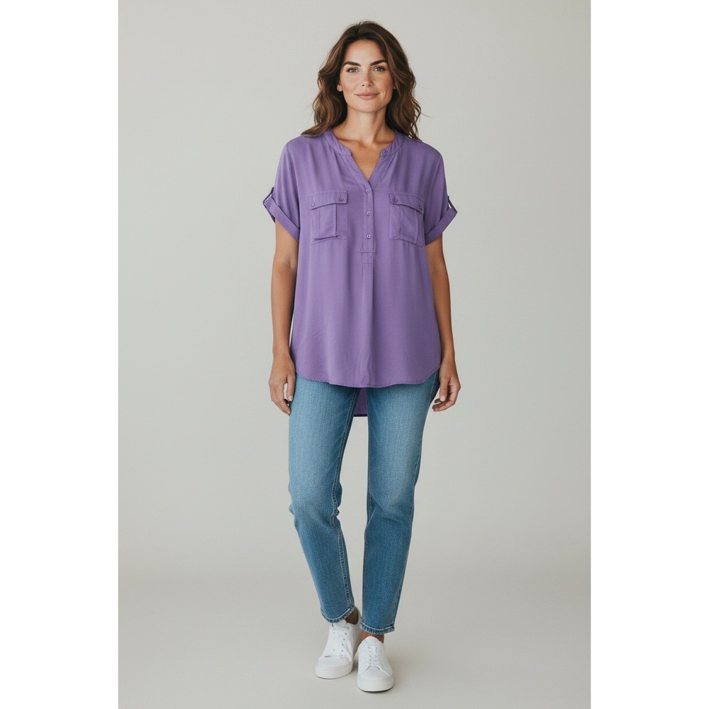 Passports Split Neck Tunic Blouse Womens Small Purple Rayon Short Sleeve